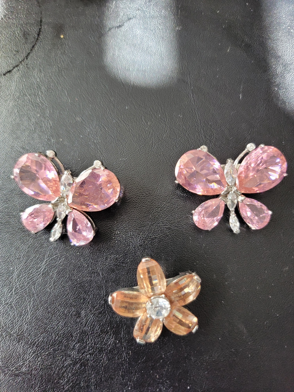 Pink Crystal Butterfly Brooches and Peach Flower Brooch Jewelry Set